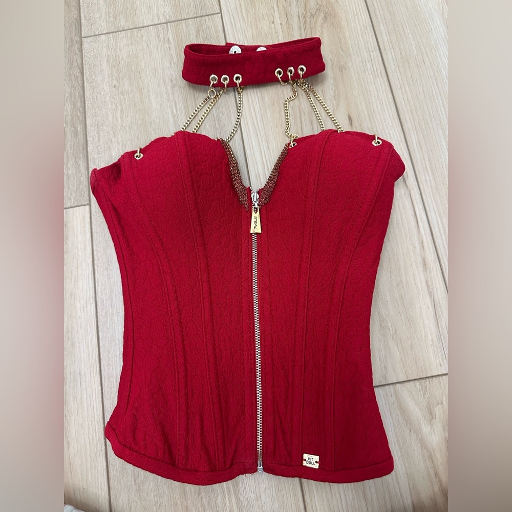 Red Corset Top with Gold Chain Detail